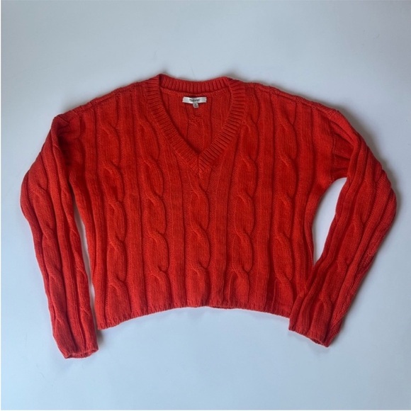 Madewell Cable-Knit V-Neck Crop Cozy Fall Knit Sweater In Roasted Squash - Picture 3 of 12
